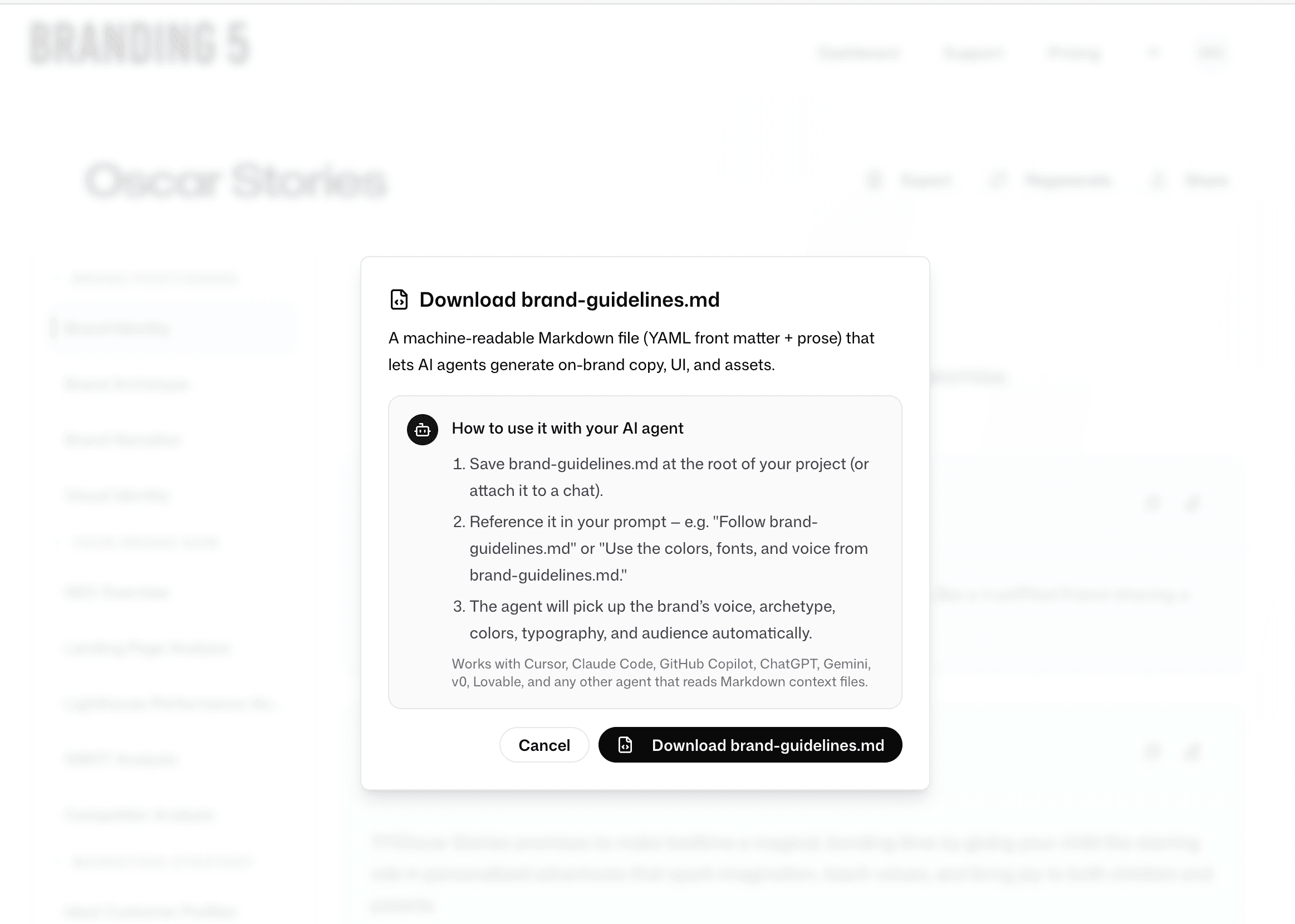 Download brand-guidelines.md dialog with AI agent instructions