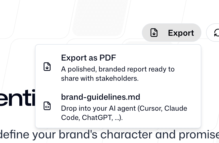Export dropdown showing brand-guidelines.md option