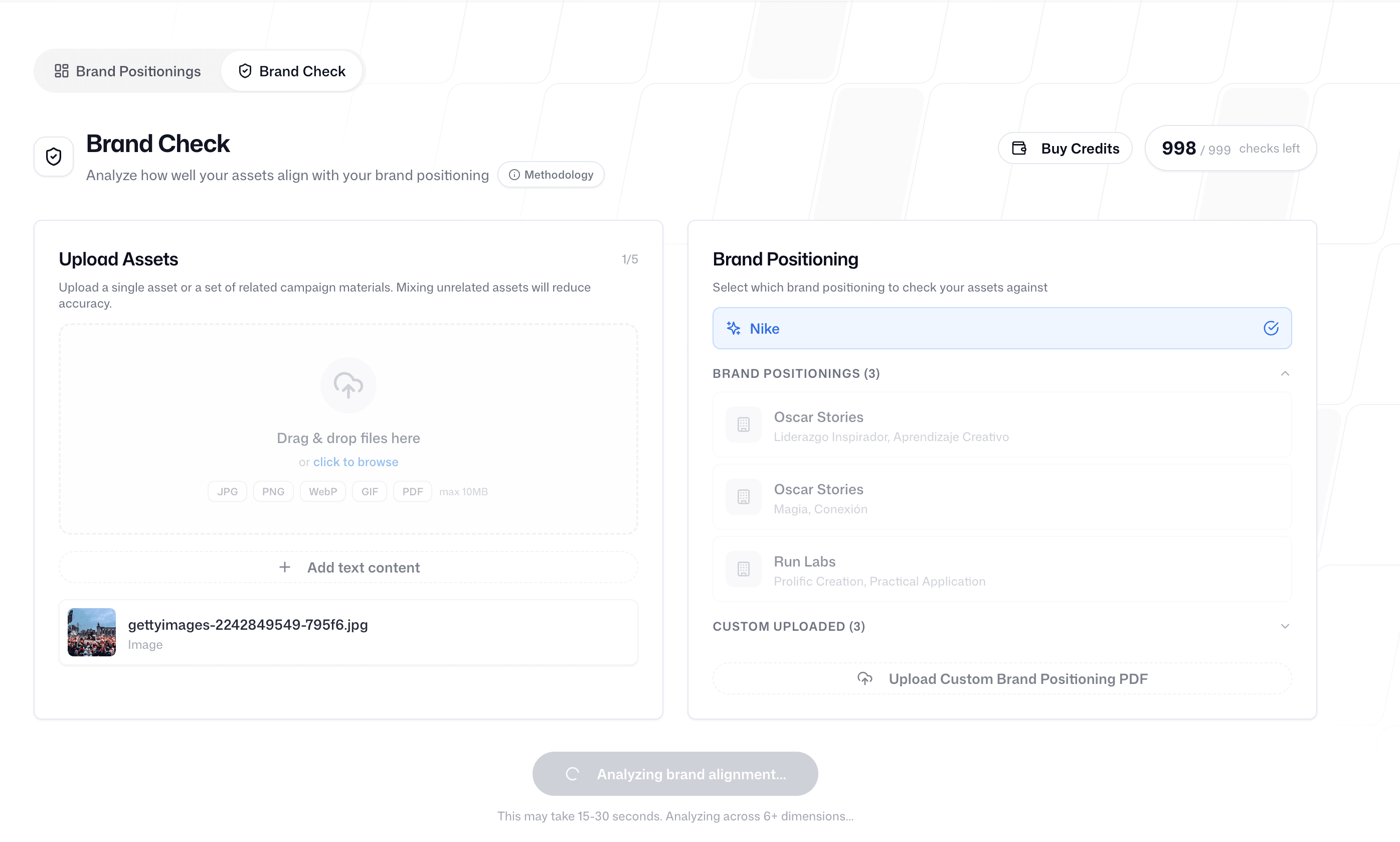 Brand Check dashboard showing list of past checks with overall scores